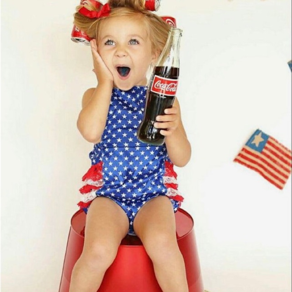 Patriotic Blue Star Baby Romper with Red Ruffle Accents 4th of July